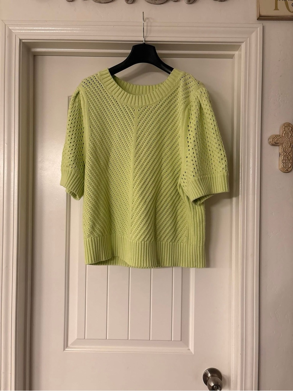 CAbi Light Lime Openwork Short-Sleeve Crew Sweater